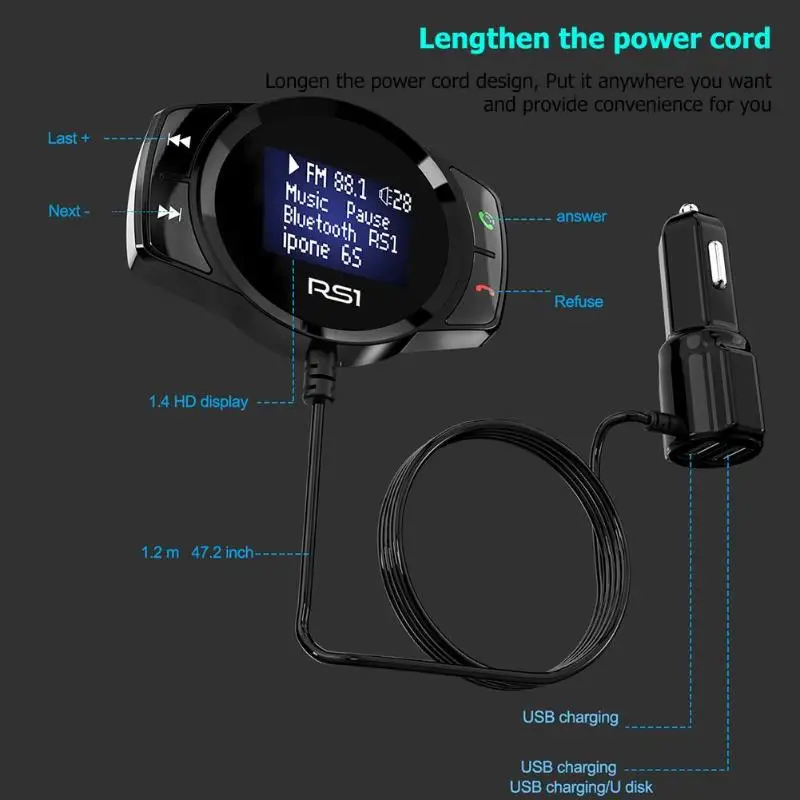 Многофункциональное автомобильное зарядное устройство RS1 беспроводной Bluetooth fm-передатчик автомобильный комплект свободные руки большой дисплей MP3 плеер USB зарядное устройство