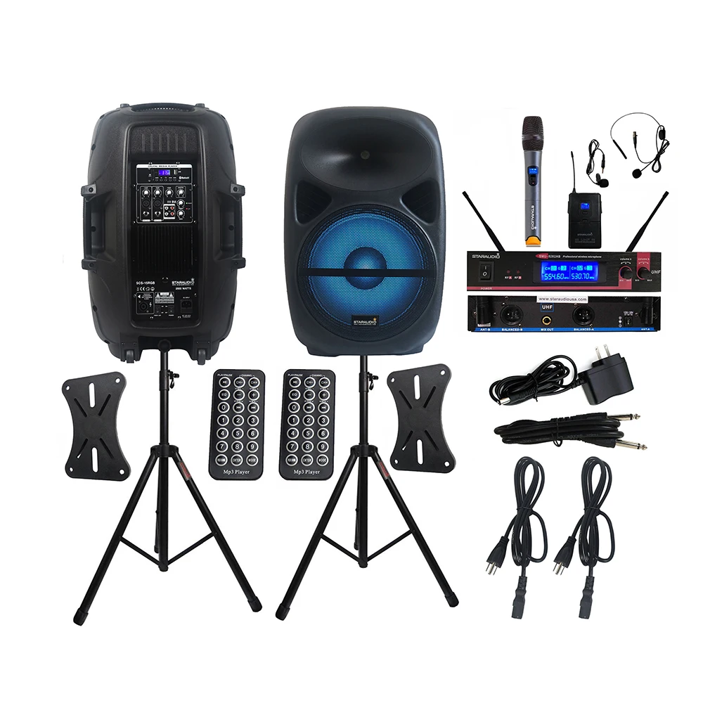 

STARAUDIO Pair 2500W PA 15"Powered Speakers DJ Active RGB Light Speaker Stands 2CH UHF Wireless Handheld Headset Mic SCS-15RGB