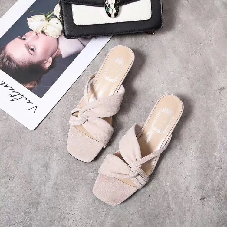 Kid Suede Upper Cross Band Leather Round Shape Strange Heel Sandals Female Summer New Open Toe Sandals Sexy Half Slippers