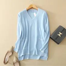 

Women's 100% real cashmere sweater double pockets decor winter loose pullover solid color with V-neck white stripe hem