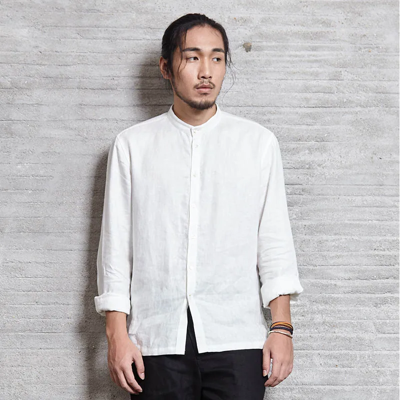 Mens Casual Shirt Basic Top Long Sleeve White 100 Linen Chinese