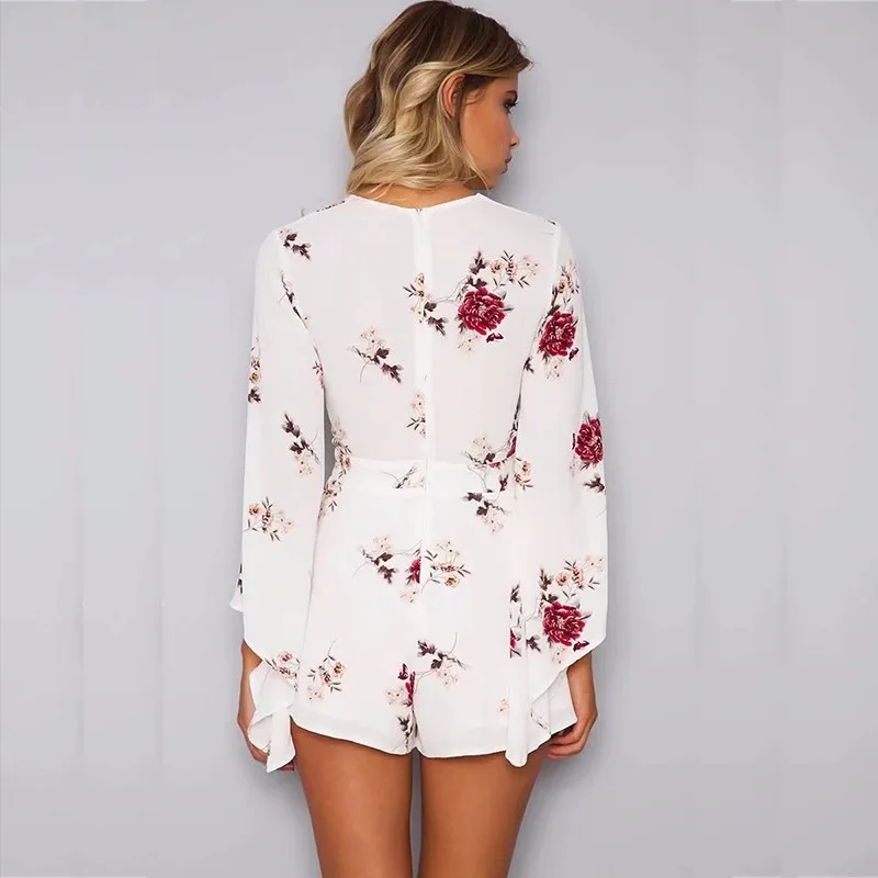 yinlinhe White V neck Sexy Summer Playsuit long Flare Sleeve Floral Women Playsuit Slim Waist Elegant bohemian Rompers  5