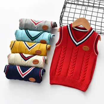

Baby Sweater Waistcoat Baby Boy All Match Vest Infant Autumn Spring Outfit V-Neck Knitted Clothes 6Colors for 2-5T