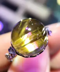 10 мм натуральный Золотой рутиловый кварц кольцо для женщины человек 925 серебро стерлингового металла Кристалл Мода Регулируемый размеры