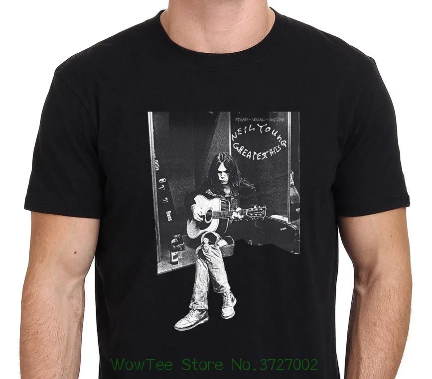 Pаспродажа Neil Young Greatest Hits Для мужчин футболка Черная Размеры S XXL Для мужчин Рубашка с короткими рукавами футболка