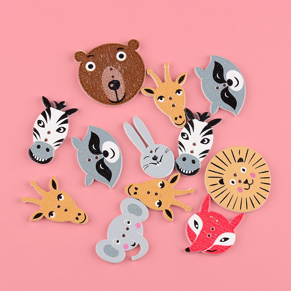 50pcs/Set Mixed Color Wooden Buttons Cute Animal Partten Sewing Buttons Decoration Crafts