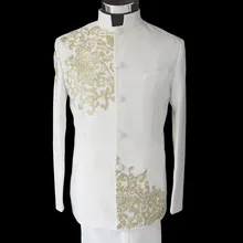 Мужской костюм, Блейзер, костюм, белый, черный, вышивка, стоячий воротник, китайская туника, костюм, костюмы, Мужская одежда для выступлений, официальное платье
