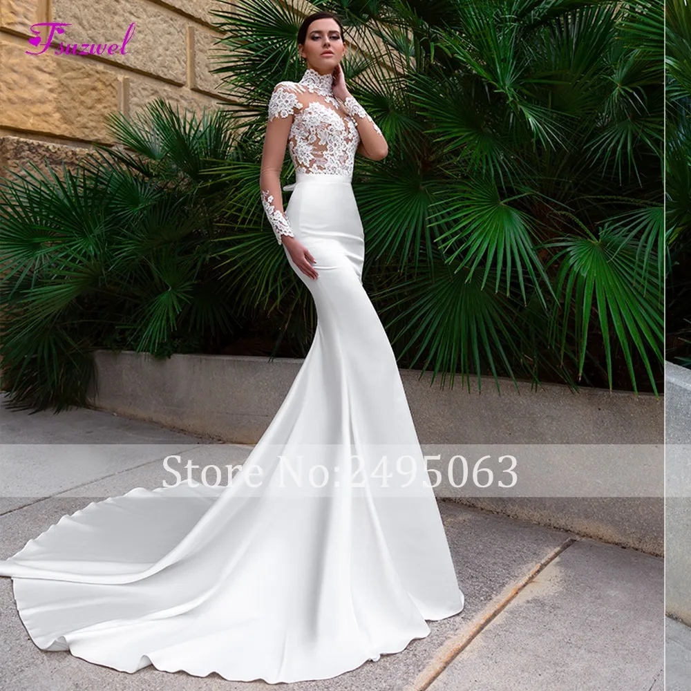 Роскошное атласное с юбкой-русалкой свадебное платье Fsuzwel с аппликацией со шлейфом, дизайнерское винтажное свадебное платье с высоким воротом и длинными рукавами, большие размеры