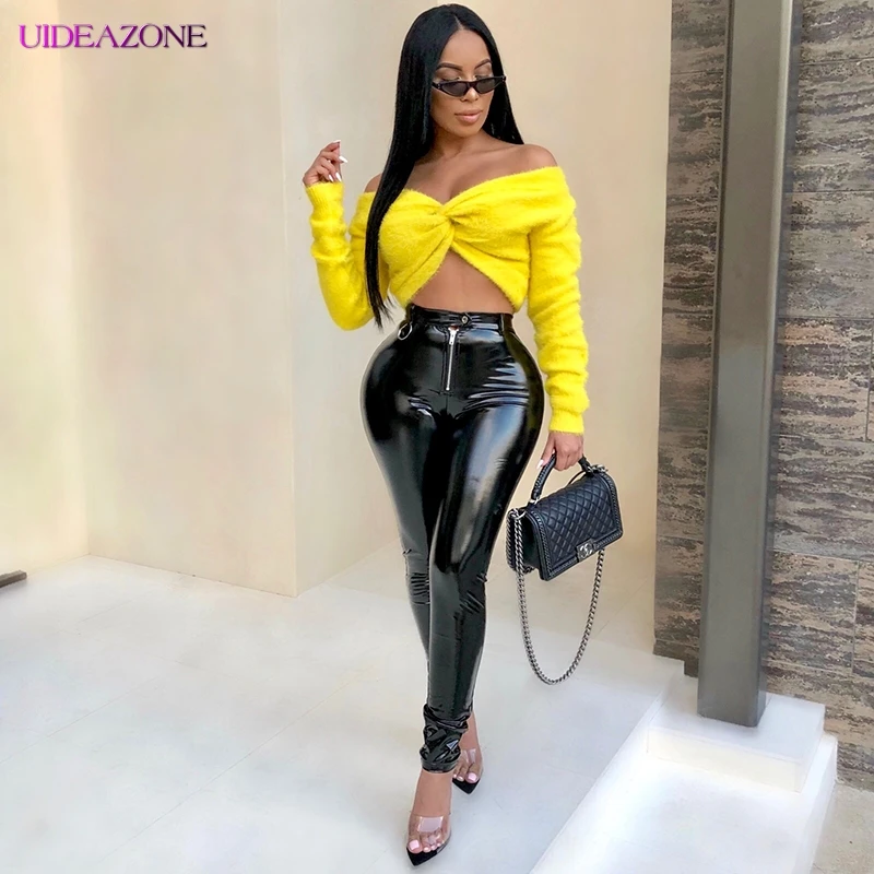 

UIDEAZONE 2019 New Pink/Brown/Red/Black PU Pants Streetwear High Waist Leather Fashion Pants Sexy Lady Bodycon zip Pants