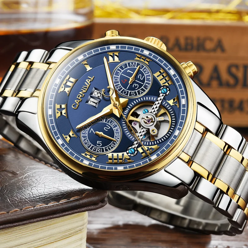 

Carnival Tourbillon Automatic Mens Watches Top Brand Luxury Mechanical Watches 30M Waterproof Male Luminous Clock reloj hombre
