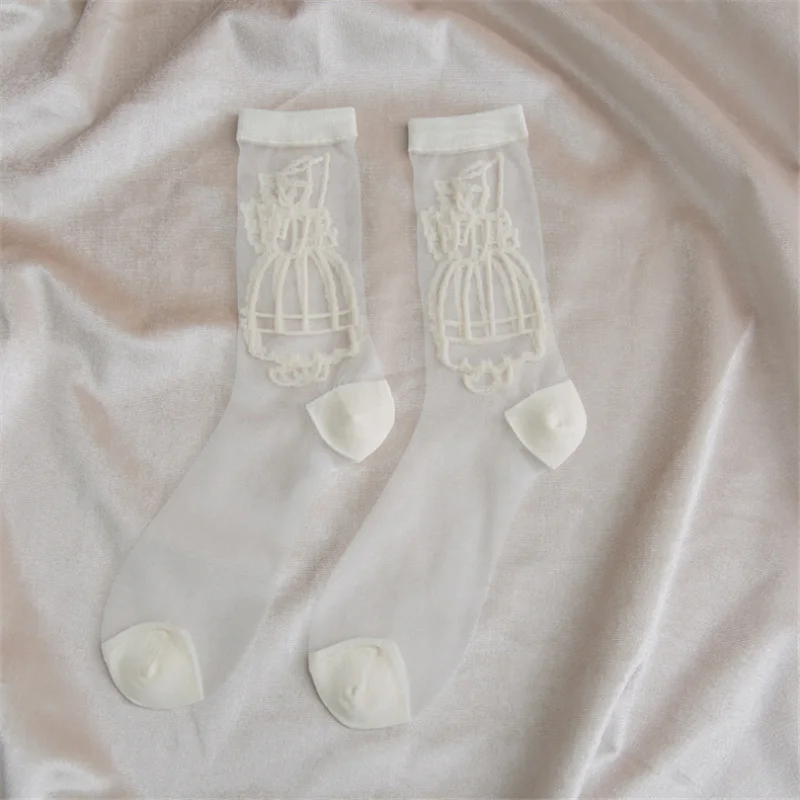Moda Socmark/Новое поступление, женские носки с принтом, прозрачные сетчатые шелковые ультратонкие прозрачные носки с кристаллами, кружевные летние длинные носки - Цвет: White
