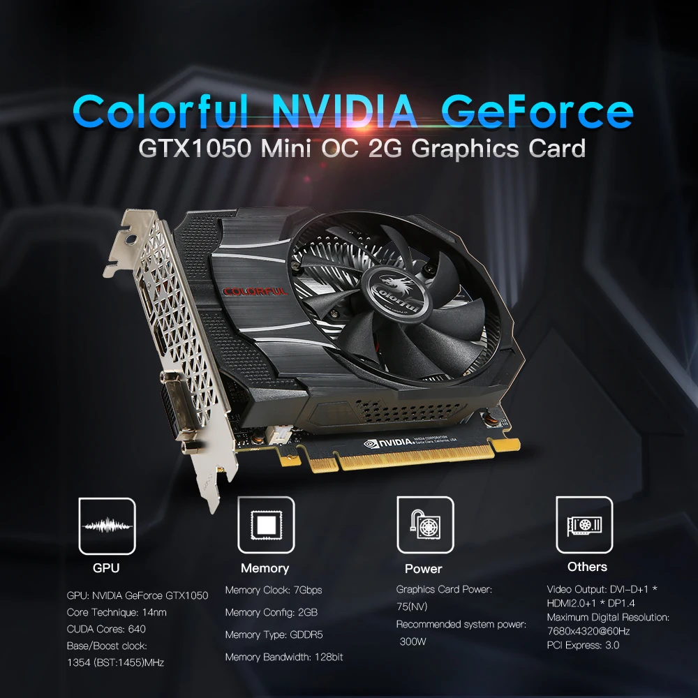 Цветная видеокарта NVIDIA GeForce GTX1050 мини OC 2G Графика карты 1354/1455 MHz 7 Гбит/с GDDR5 128bit PCI-E 3,0 с HDMI DP DVI-D Порты и разъёмы