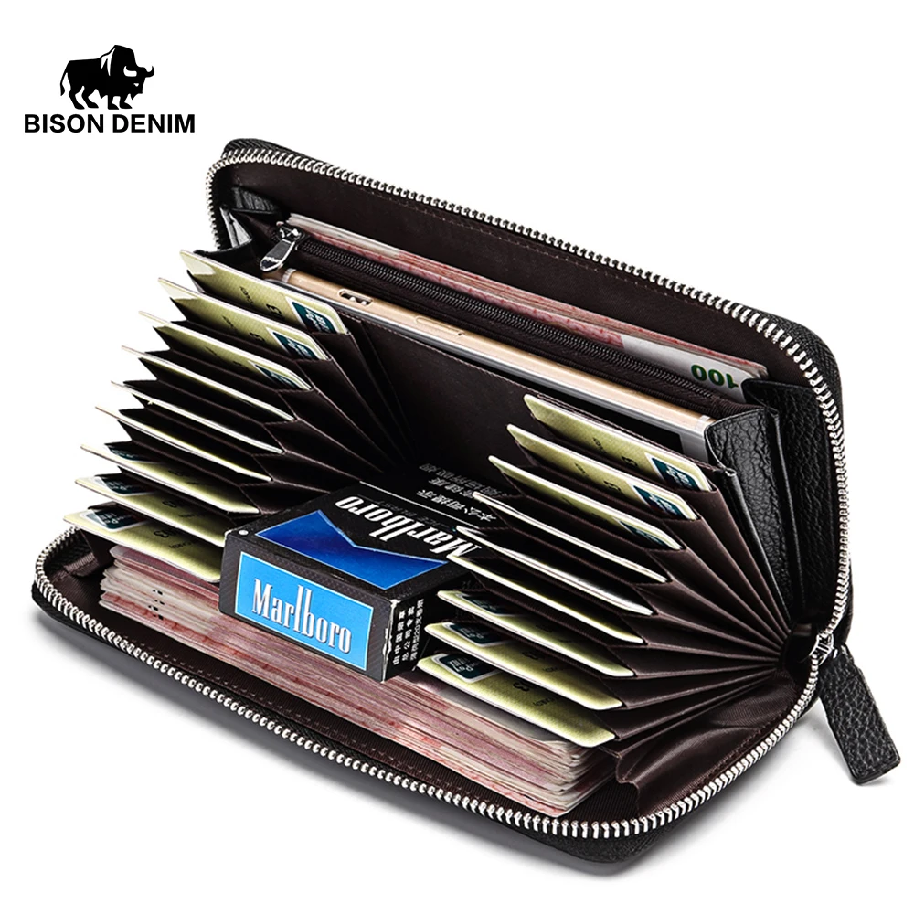 البيسون الدنيم 100% جلد البقر مخلب محافظ للرجال محفظة حمل بطاقات محفظة نسائية للعملات المعدنية طويلة الهاتف محفظة N8226-2