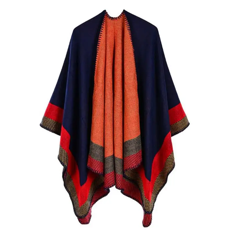 SupSindy women's poncho Winter scarf women cape Red Stripe shawl wrap luxury pashmina warm scarves for women cloak vintage stole - Цвет: Blue