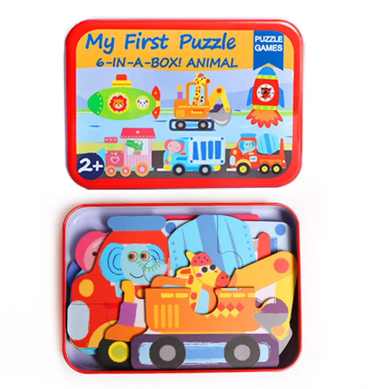 Children toys 6 in 1 box Puzzle Jigsaw Wooden Toys Cartoon Animals Traffic Puzzles Tangram Kids Educational Toy for Children