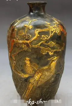 

Chinese Bronze Gilt Carving Bird Birds Flower Flowers Jar Pot Jug Kettle Crock