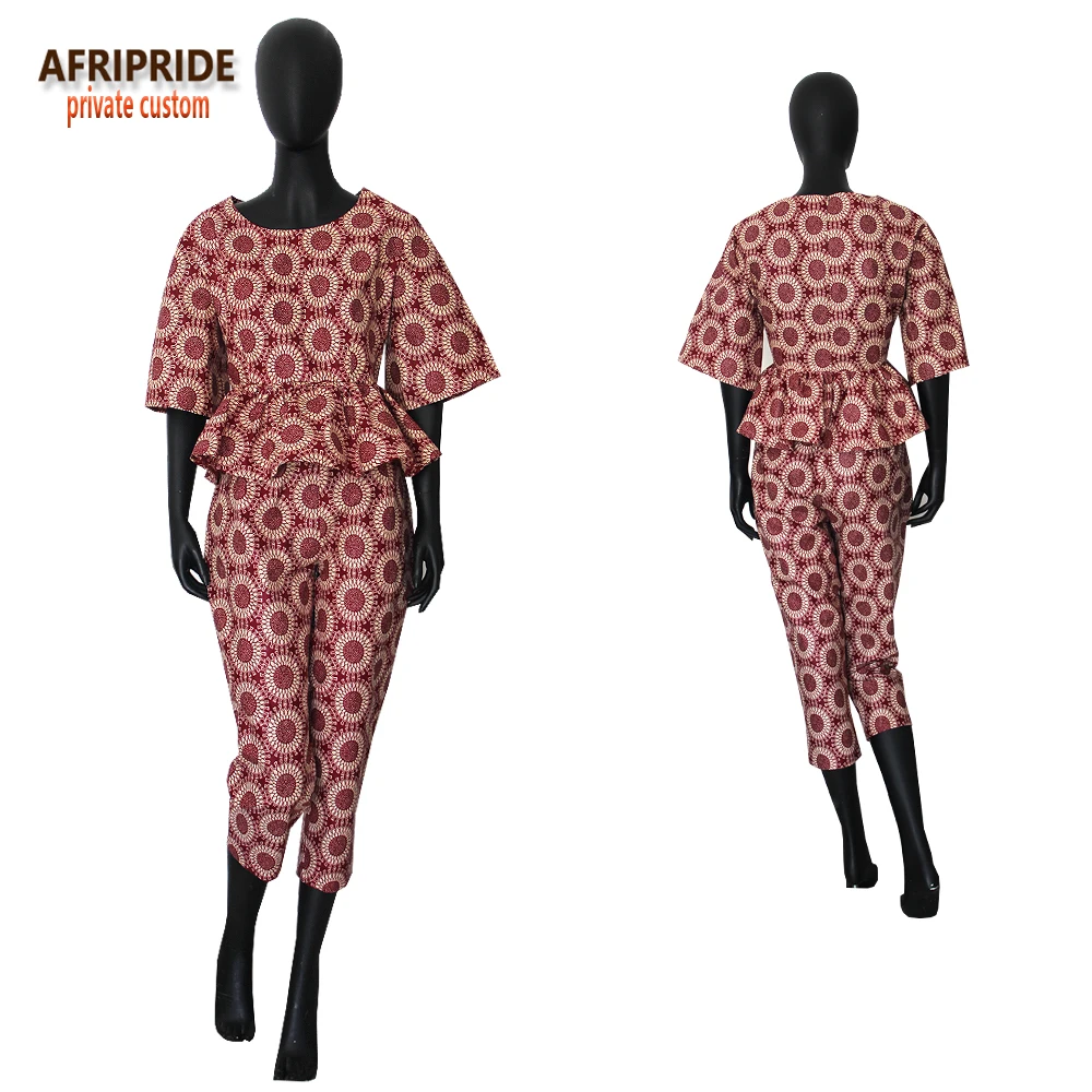 Afripride, Африканский стиль, два предмета, костюм для женщин, заказной, короткий рукав, топ+ длина до середины икры, брюки, Женский хлопковый костюм, A722617