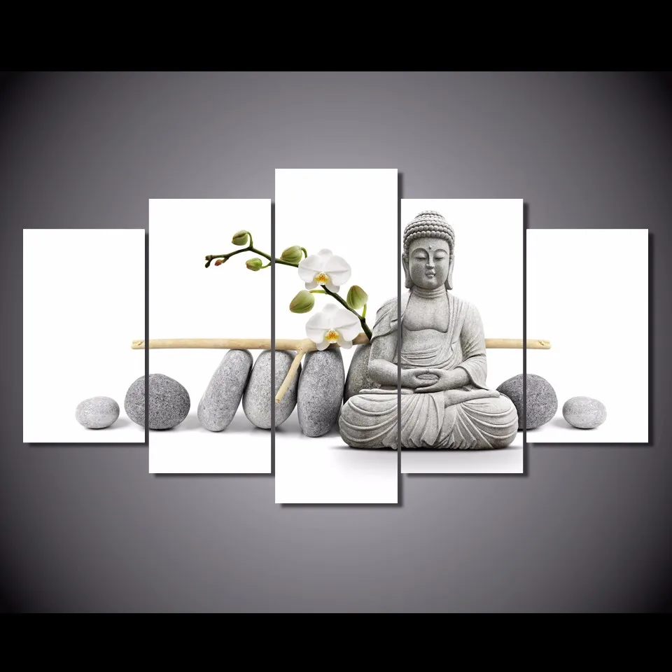Canvas Pictures Home Wall Art Frameless Decor 5 Pieces Zen Buddha With Orchid Painting Living Room HD Prints Stone Flower Poster | Дом и сад