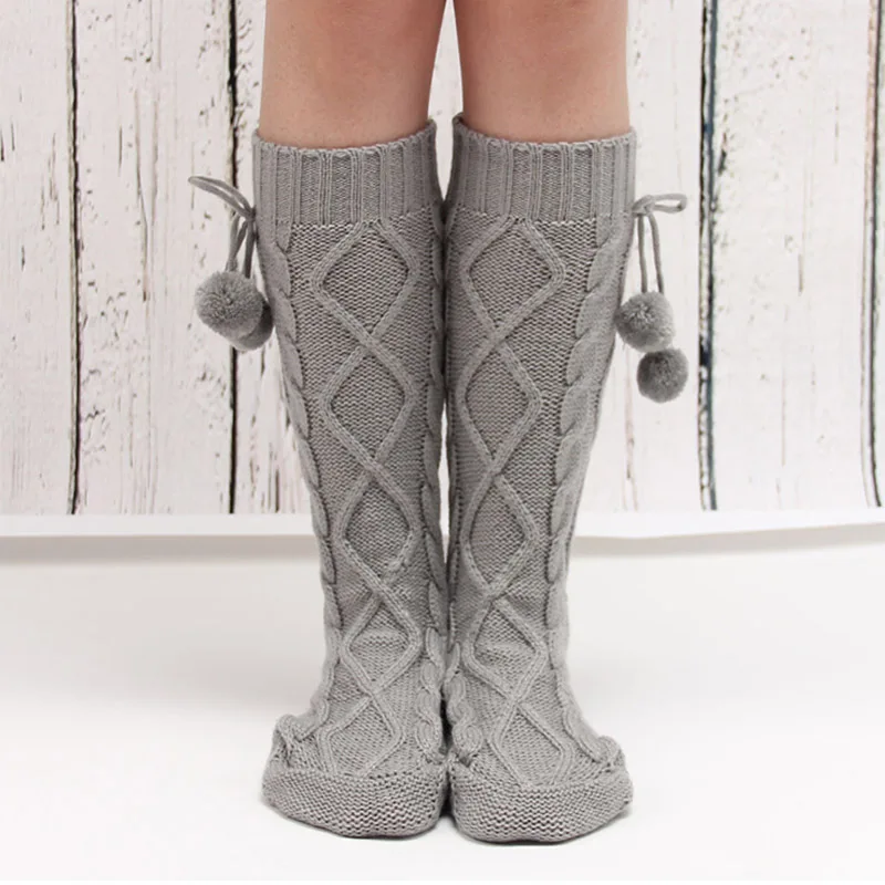 Elegant White Pompom Knitting Warm Socks New 2017 Sexy Female Long Warm Socks Winter Boot for Women Girls Calcetines Mujer