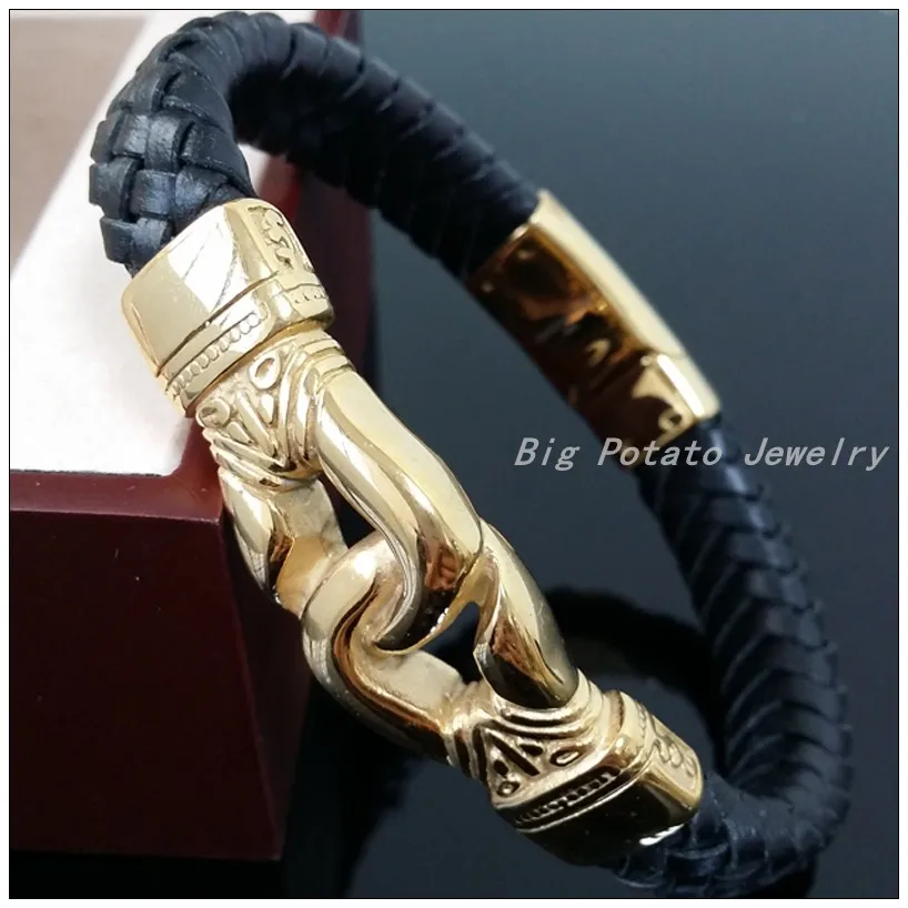 

22.5cm*12.5mm 53g Fashion 100% 316L Stainless Steel Gold Jewelry Classic Black Leather Bracelets Bangles For Men Boy