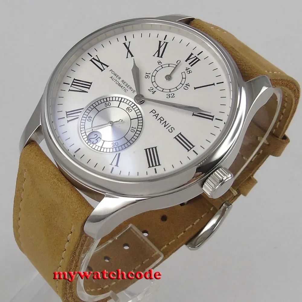 

43mm parnis white dial Roman numerals date power reserve automatic mens watch