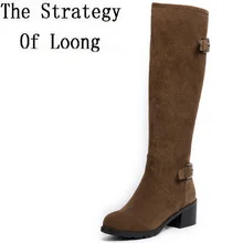 Зимние однотонные теплые сапоги до колена из нубука с пряжкой; короткие плюшевые женские рыцарские сапоги из натуральной кожи на молнии; ZY171003