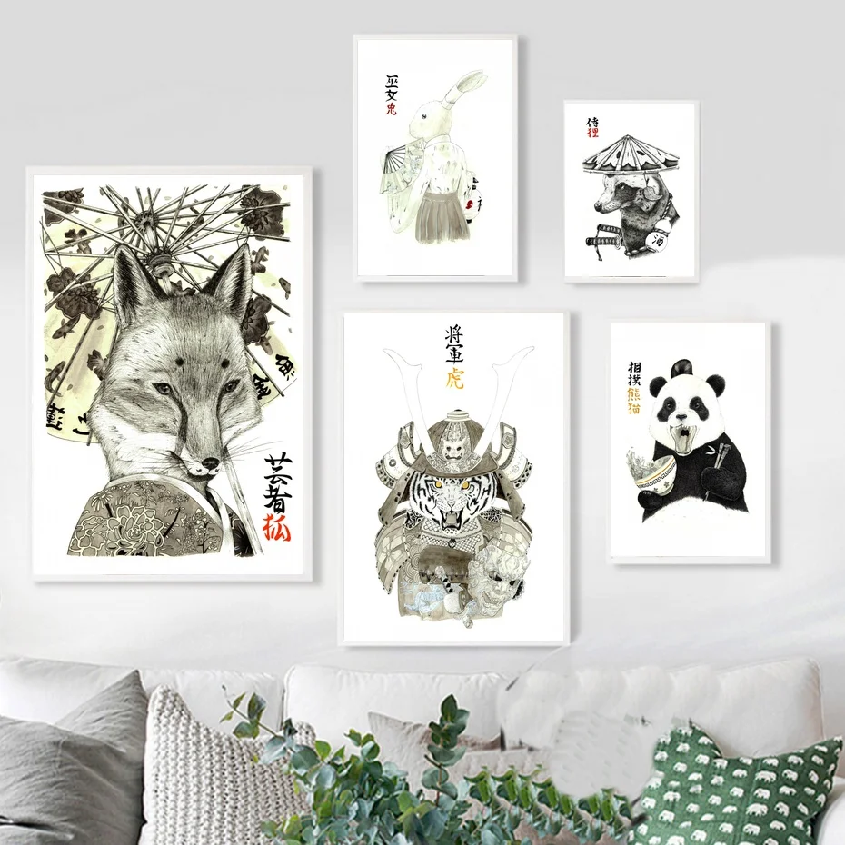 

Japan Geisha Kitsune Miko Usagi Samurai Tanuki Art Modern Watercolor Canvas Art Print Wall Pictures for Living Room