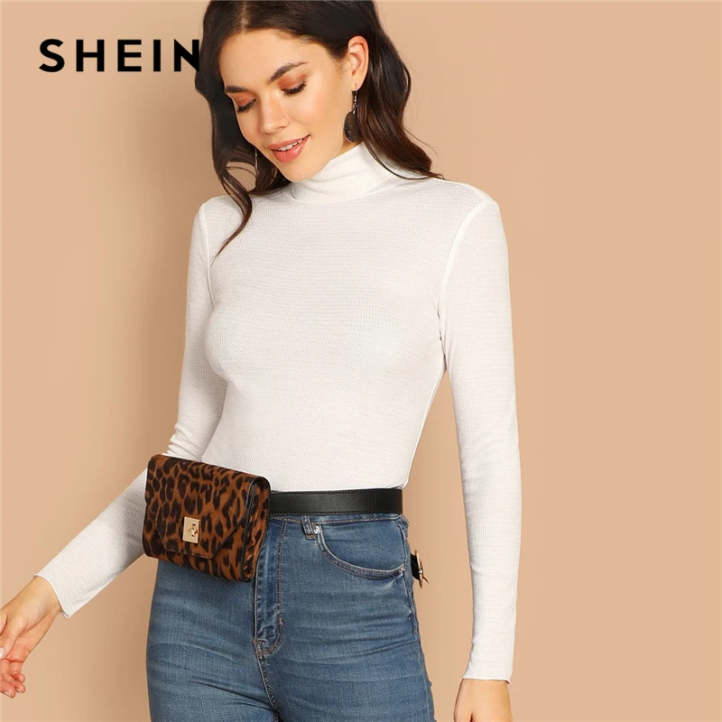 

SHEIN White High Neck SolidLettuce Trim Tee Slim Fit Pullovers Plain Tops Women Autumn Elegant Long Sleeve Casual T-shirts