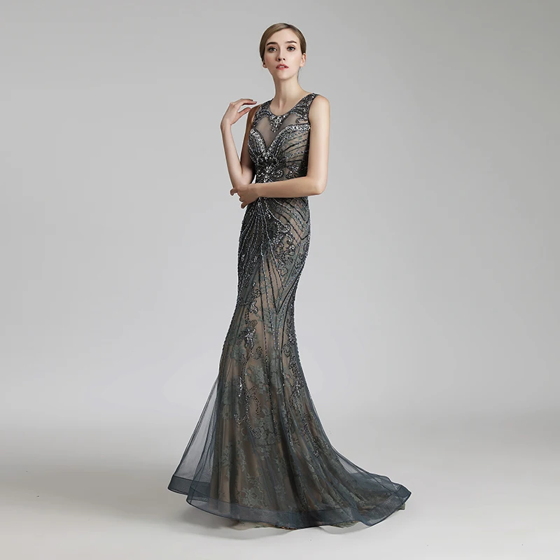 Robe De Soiree Новое сексуальное Русалка официальное длинное вечернее платье Зеленый Пол Длина Тюль, расшитый кристаллами и бисером реальные фотографии платья LSX429