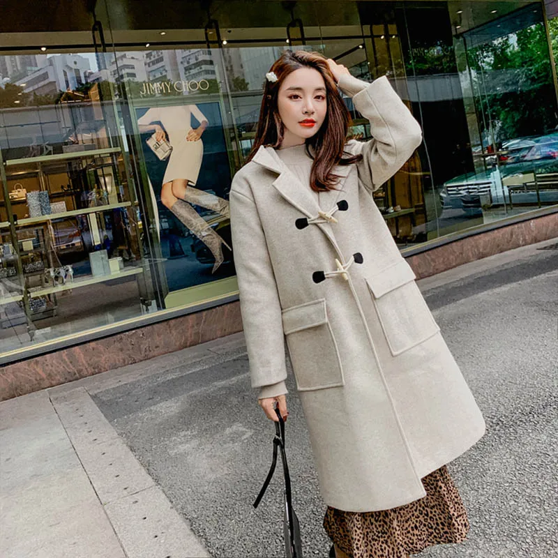 OLN 2019 New Fashionable Ox Horn Buckle Pure Color Long Style Woolen Coats Temperament Female High Quality Thick Overcoat 1698