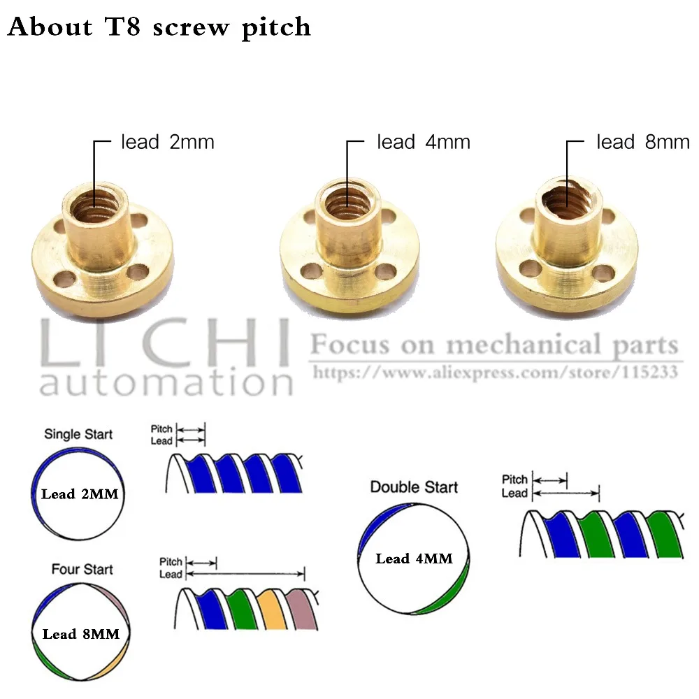 3D-принтеры трапециевидные стержень ходовой винт с резьбой 8 мм T8 свинцово-2/4/8/12/14 мм Length100mm200mm300mm400mm500mm600mm с латунной гайкой