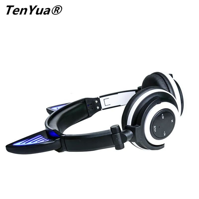 TenYua Wireless Bluetooth Cat Ear Headphones Foldable Gaming Headset Earphone with Glowing Light Halloween Gift for Girls Kids
