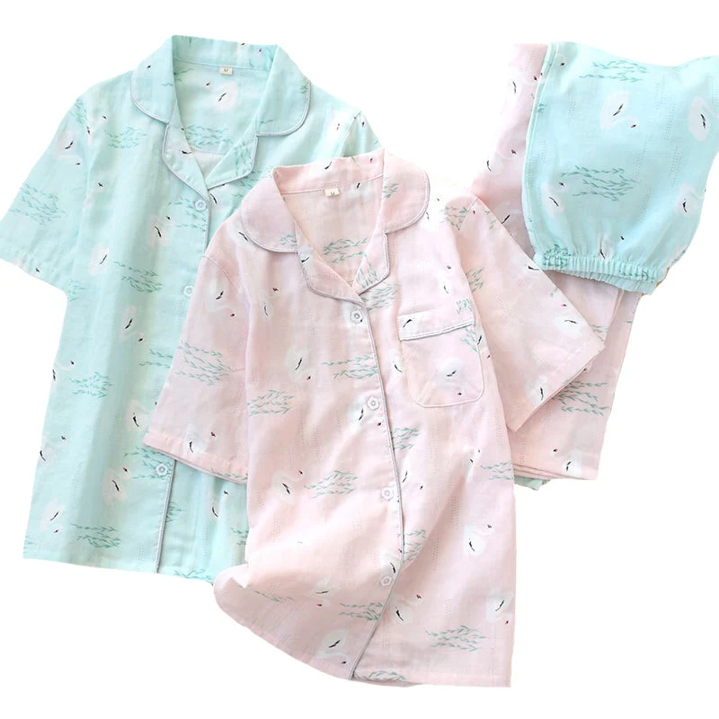 

2019 Spring New Ladies Sleepwear 100% Gauze Cotton Swan Printed Pajamas Set Short Sleeve+Long Pants 2Piece Set Comfort Homewear
