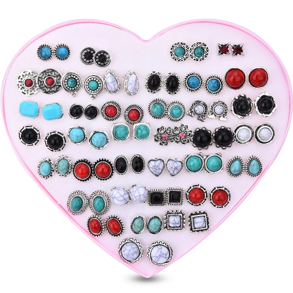 

Wholesale 36 pairs/lot Women's Lady Girl Charming Vintage Style Stone Earrings Mixed Styles Ear Stud Earrings Gift With Box