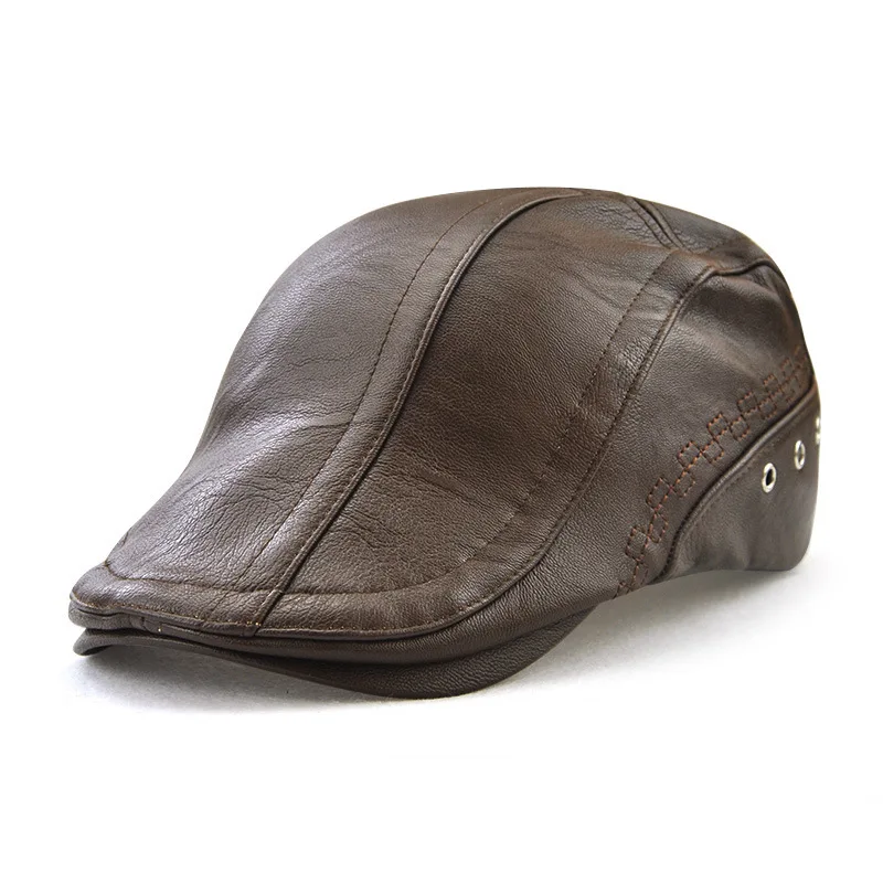

2018 Autumn And Winter visors european fashion perforation faux leather peaked cap embroidery personality peaked cap 12982