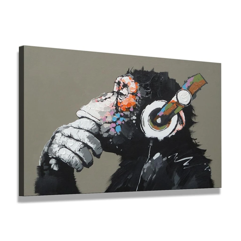 Картина на холсте, настенная живопись, 1 панель/шт., забавная мышление, обезьяна, с наушниками, изображение, HD принт, животное, обезьяна, плакат, домашний декор, рамка