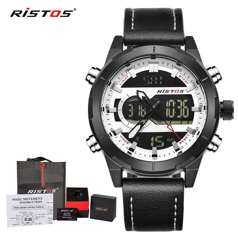 RISTOS кожаные часы Топ бренд Relojes Masculino Hombre многофункциональный хронограф мужские спортивные аналоговые цифровые модные часы 9342 - Цвет: Black White