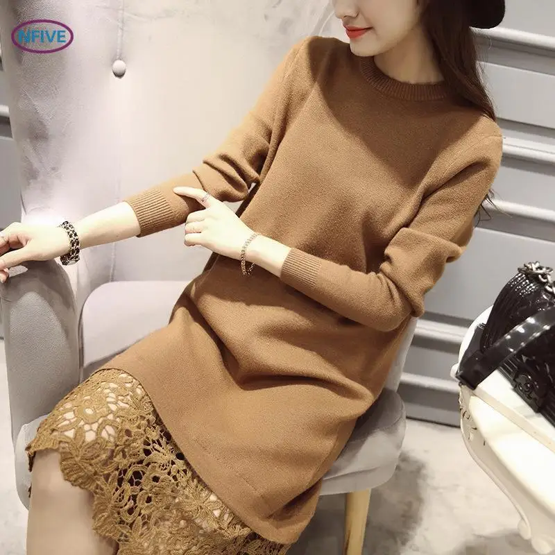 

NFIVE Brand 2017 Woman Lace Patchwork Kint Dresses Casual Stitching Long Sweater Dress Fashion College Wind Tide Solid Vestidos
