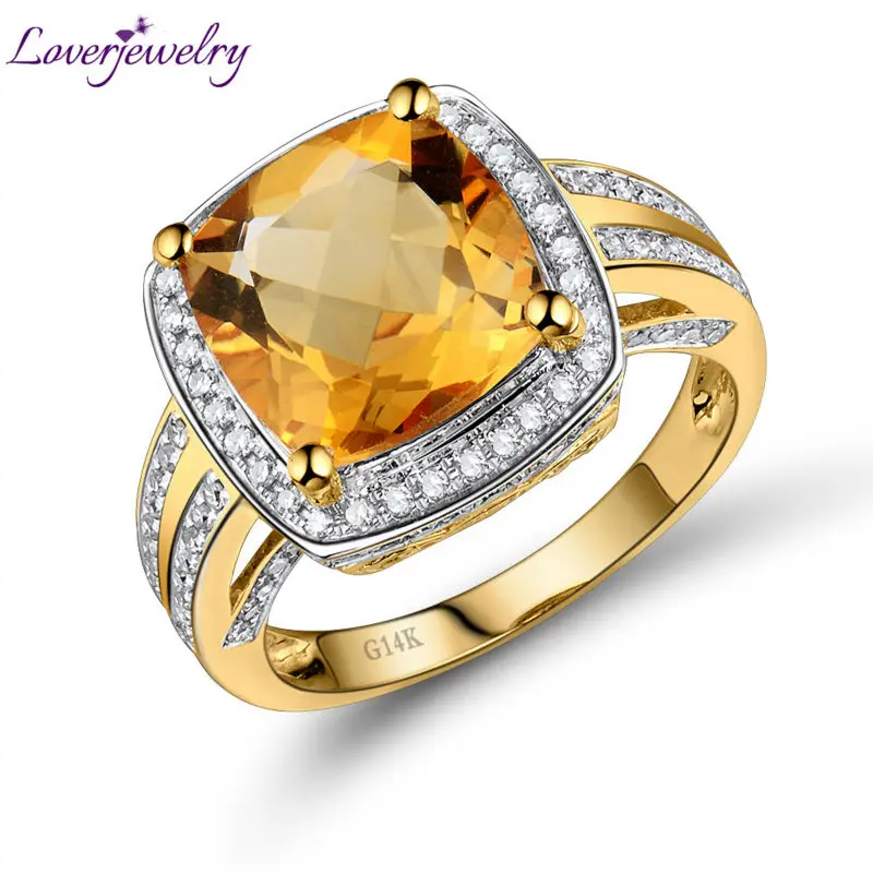 LOVERJEWELRY Желтый цитрин кольцо Винтаж подушки 10x10 мм 14kt желтого золота природных алмазов хорошее качество драгоценных камней ювелирные