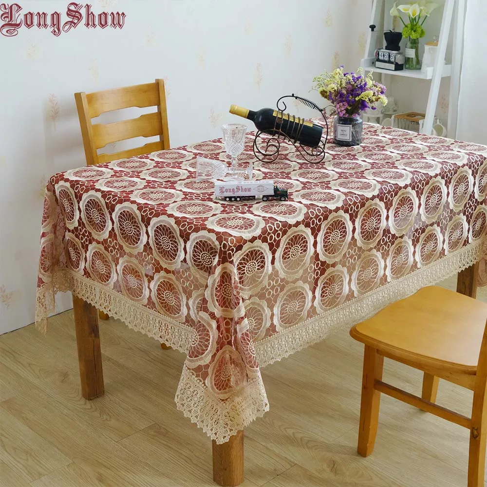 European Style luxury Wine Organza Embroidered Tablecloth With Wide