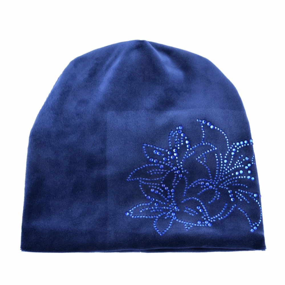 TQMSMY Brand Women's Beanie Lily Flower Rhinestones Hat Women Shine Velvet Kintted Skullies Cap Female Beanie Beanies Cap TMDH59