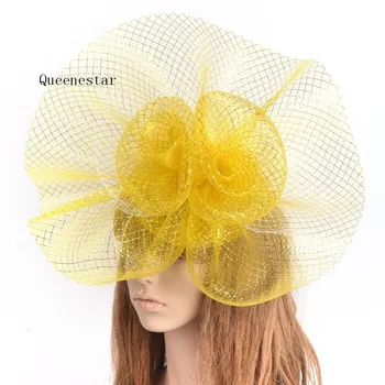 

Yellow White Big Wedding Fascinator Hat Headdress Women Mesh Hair Clip Cocktail Tea Proms Party Fashion Ladies Hair Accessories