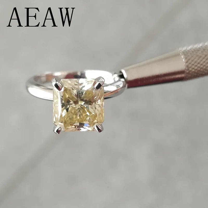 1 Carat ct 5.5mm Off White Yellowish Cushion Cut Engagement&Wedding  Moissanite Diamond Ring in Platinum Plated Silver Rings