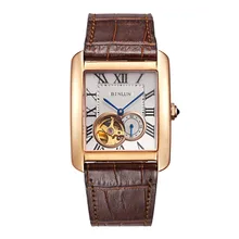 BINLUN Men’s Rectangle Gold Sliver Automatic Dress Watches Black Brown Calfskin Straps Tourbillon