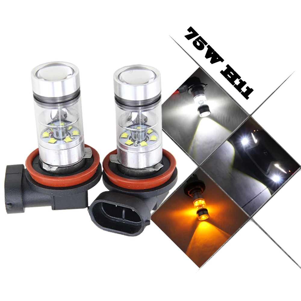 

75W High Power Super Bright 6000K Xenon White H11 H8 H16 Type 2 LED Bulbs for Fog Light Lamp Replacement Hid Halogen Headlight