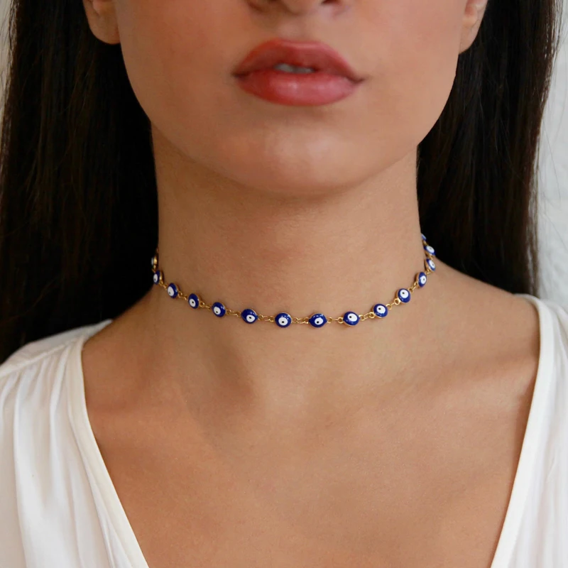 

Evil Eye Choker Necklace Dainty Silver or Gold Beaded Choker Necklace Gift for Her Delicate Blue Eyes Chokers