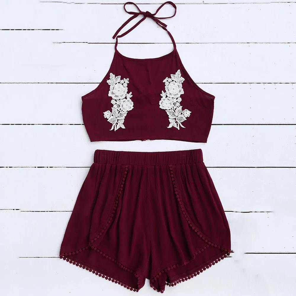 new casual cute pants suit halter Appliques camis and short corp top