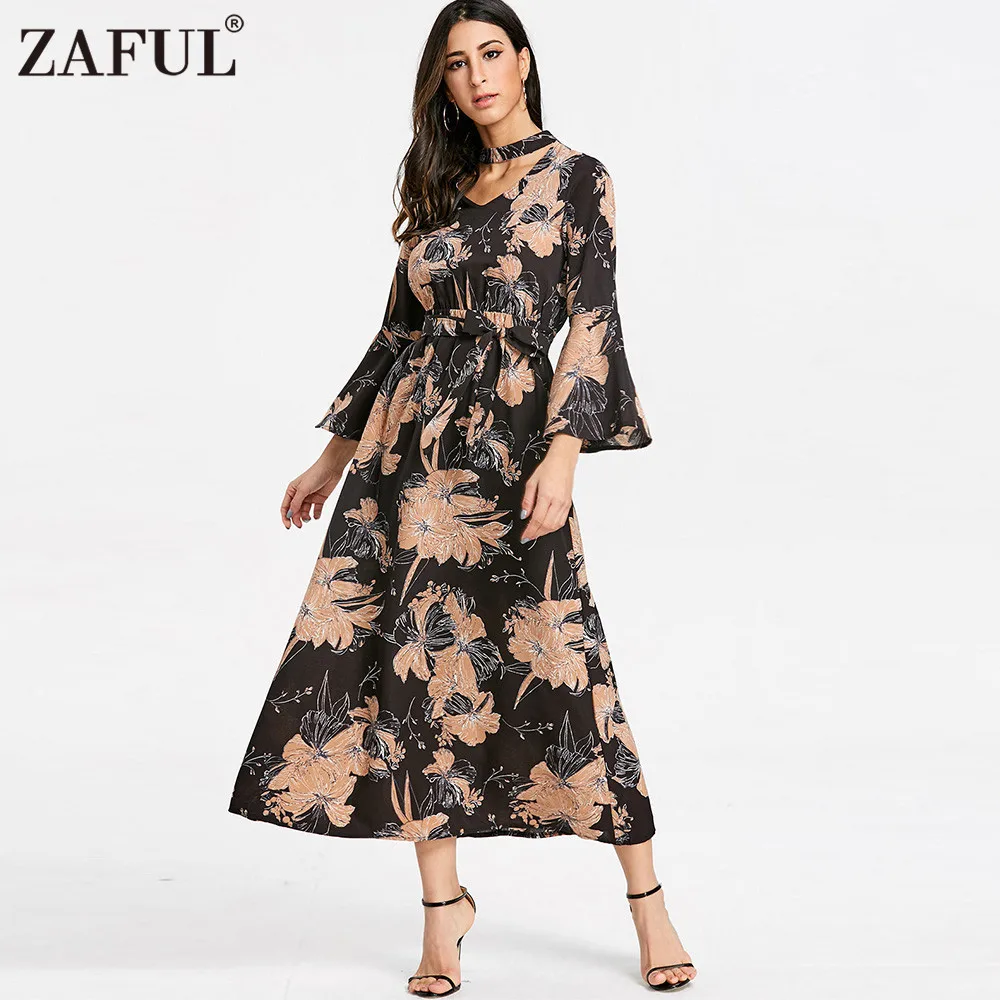 ZAFUL Floral Print Chiffon Long Dress Women 2018 Maxi Dresses Sexy