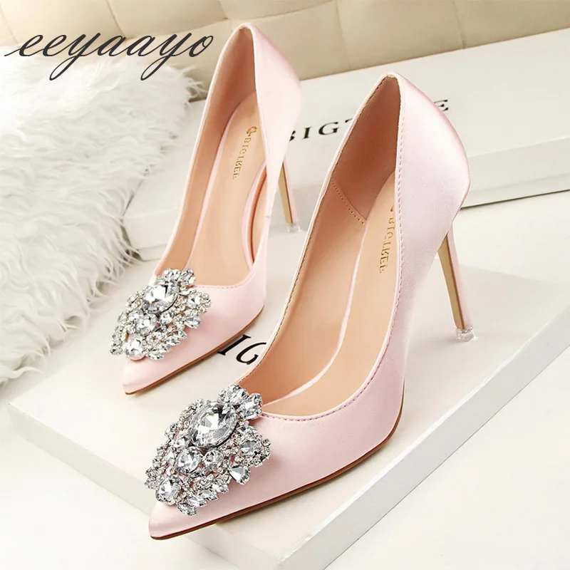

2019 New Spring/Autumn Silk Women Pumps High Thin Heel Pointed Toe Crystal Bridal Wedding Women Shoes Pink Sexy Ladies High Heel