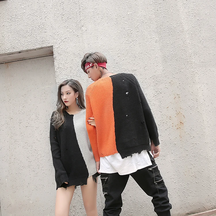 

Autumn Winter Irregular Design Sweater Hip Hop Punk Knitwear Vintage Pullover Men Ripped Hole Patchwork Knitted Sweater